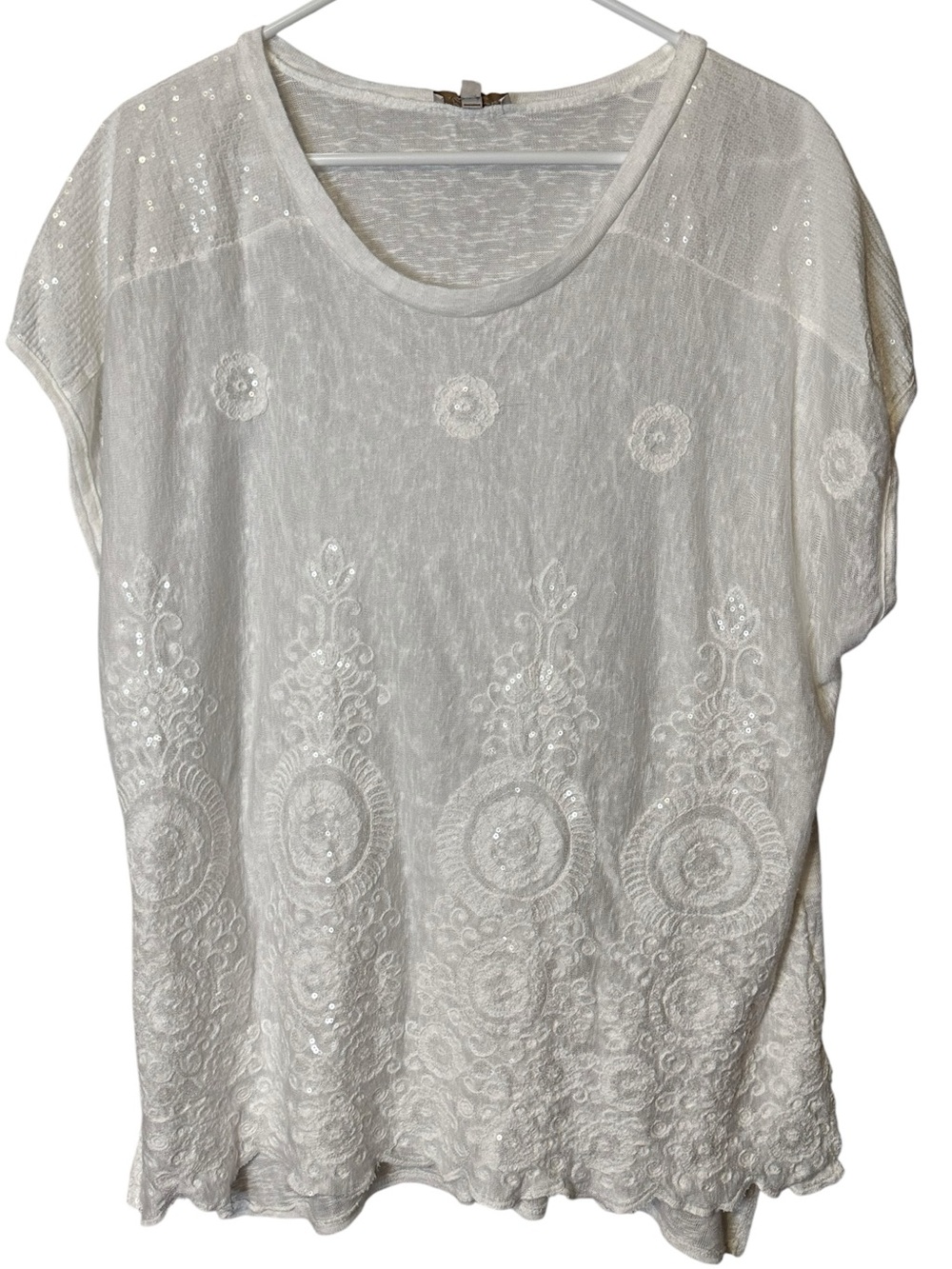 Bellambia 1X Ivory Sequin Embroidered Boho Tunic Top Coastal Cottagecore Fairy